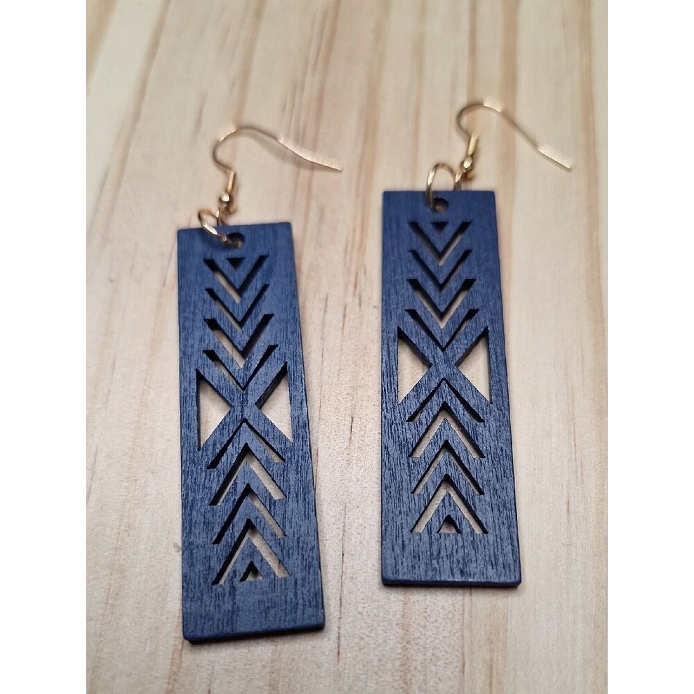 Navy Blue Geometric Wood Drop Rectangle Earrings